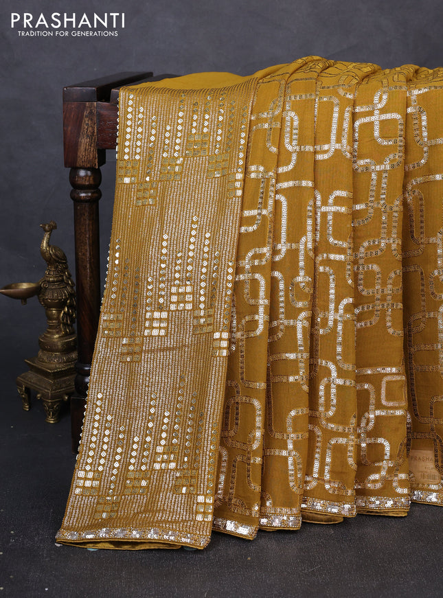 Georgette Saree mustard green with allover sequin embroidery work
