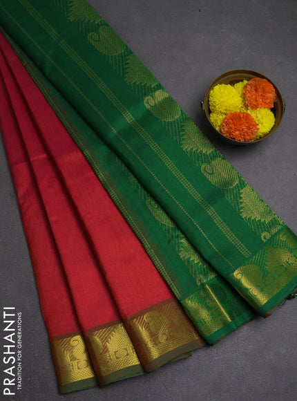 Silk cotton saree dual shade of pink and green with plain body and paisley & temple zari woven border