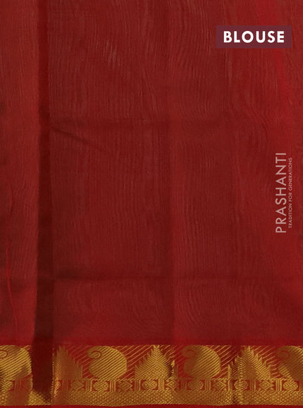 Silk cotton saree green and red with plain body and paisley & temple zari woven border