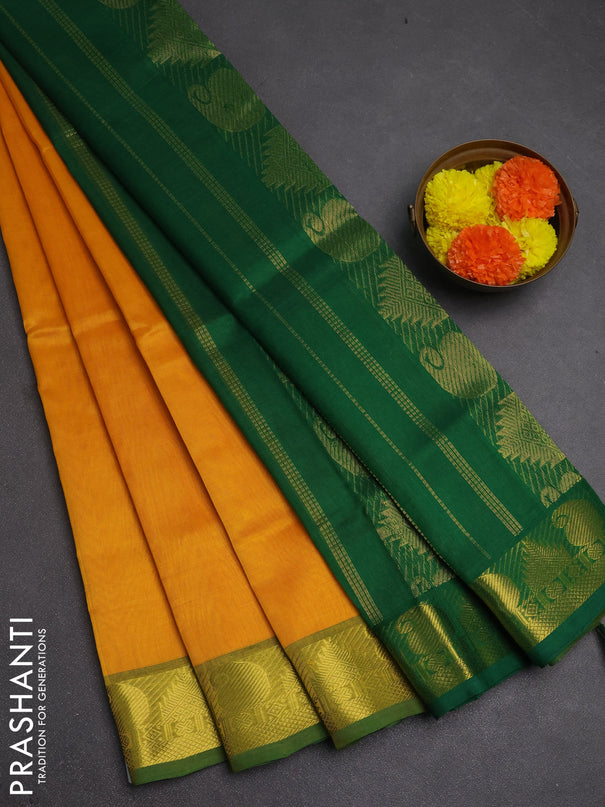 Silk cotton saree mango yellow and green with plain body and paisley & temple zari woven border