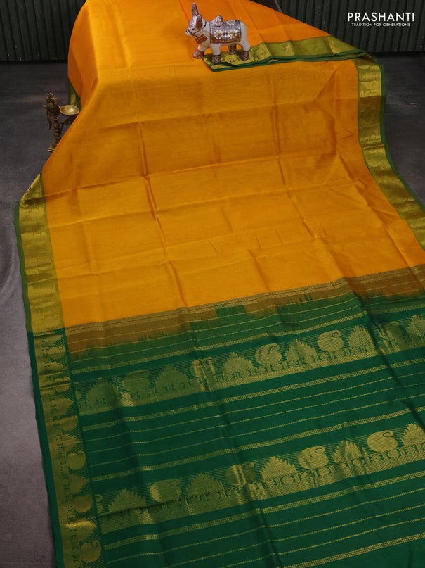 Silk cotton saree mango yellow and green with plain body and paisley & temple zari woven border