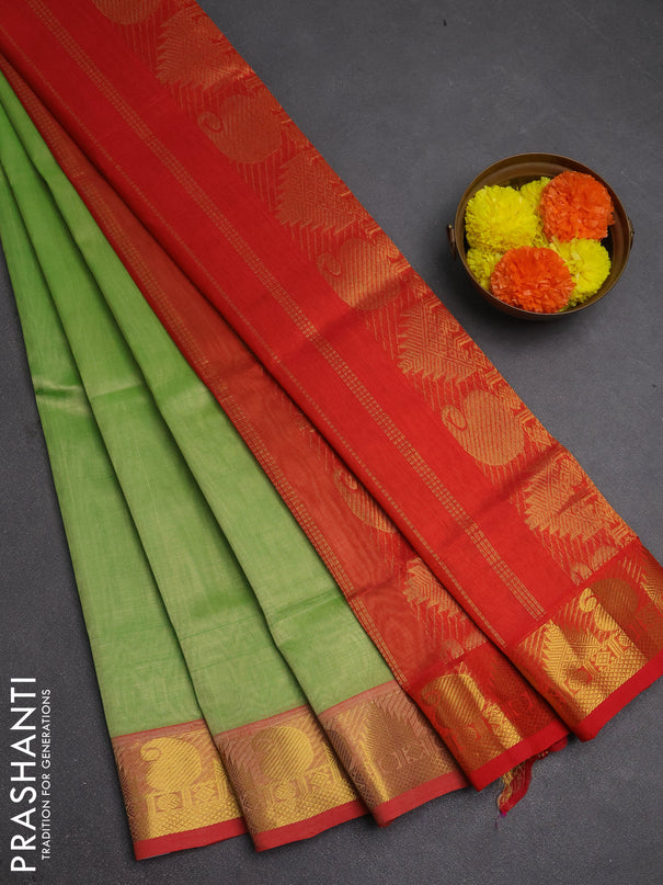 Silk cotton saree pista green and dual shade of orange with plain body and paisley & temple zari woven border