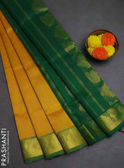 Silk cotton saree mango yellow and green with plain body and paisley & temple zari woven border