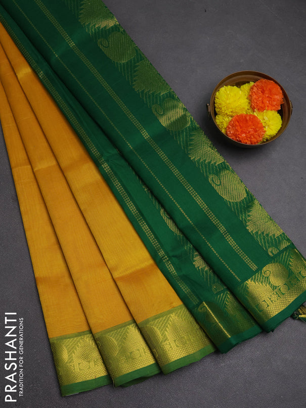 Silk cotton saree mango yellow and green with plain body and paisley & temple zari woven border