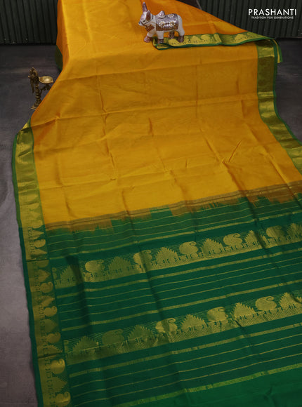Silk cotton saree mango yellow and green with plain body and paisley & temple zari woven border