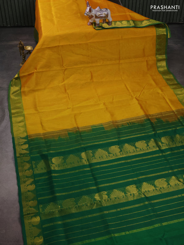 Silk cotton saree mango yellow and green with plain body and paisley & temple zari woven border