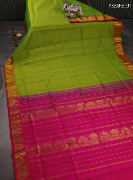 Silk cotton saree light green and pink with plain body and paisley & temple zari woven border