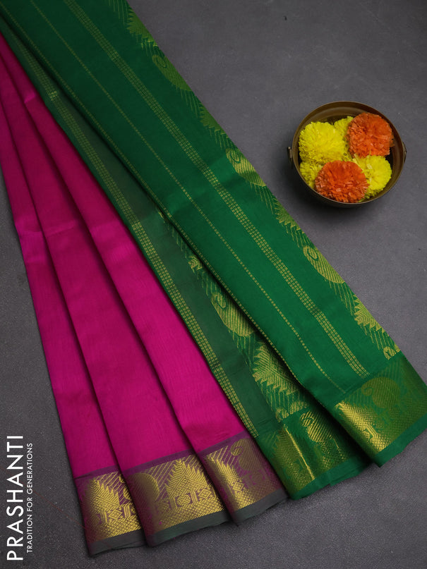Silk cotton saree pink and green with plain body and paisley & temple zari woven border