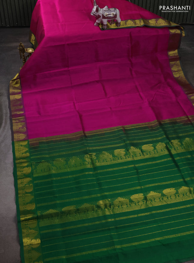 Silk cotton saree pink and green with plain body and paisley & temple zari woven border