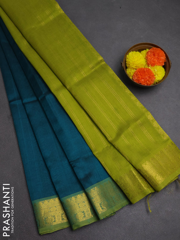 Silk cotton saree peacock green and mehendi green with plain body and zari woven border