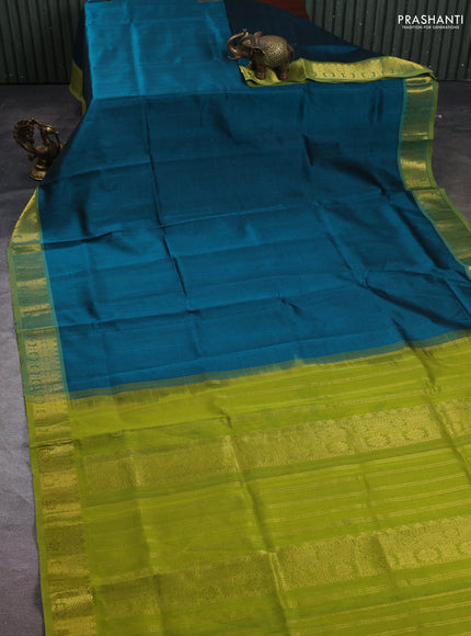 Silk cotton saree peacock green and mehendi green with plain body and zari woven border