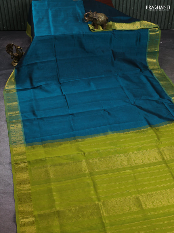 Silk cotton saree peacock green and mehendi green with plain body and zari woven border