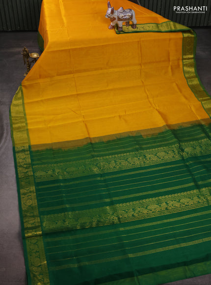 Silk cotton saree mango yellow and green with plain body and annam zari woven border