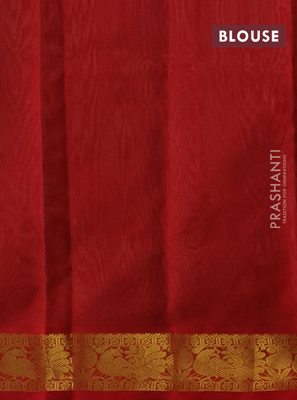 Silk cotton saree pastel green and red with plain body and peacock zari woven border