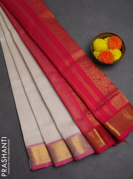 Silk cotton saree off white and pink with plain body and peacock zari woven border