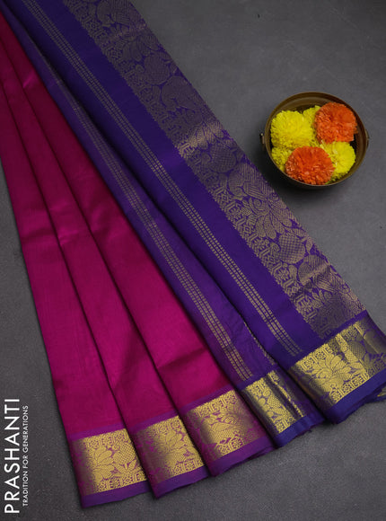 Silk cotton saree magenta pink and violet with plain body and peacock zari woven border