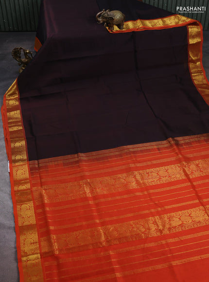 Silk cotton saree coffee brown and orange with plain body and peacock zari woven border