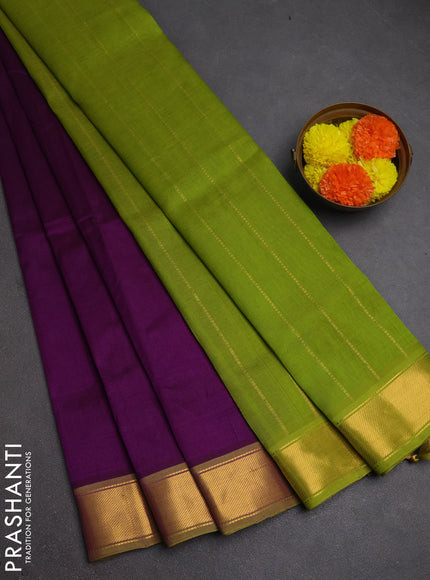 Silk cotton saree purple and light green with plain body and zari woven border