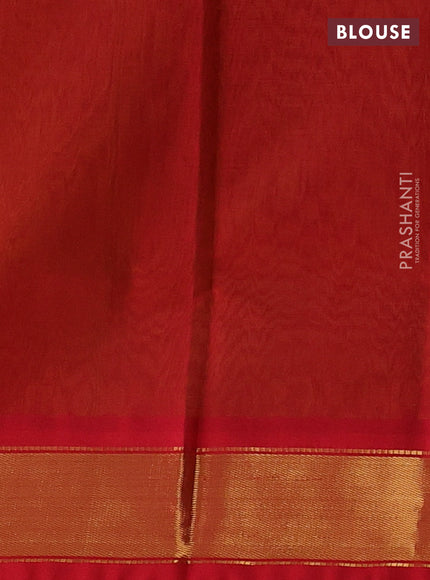 Silk cotton saree mustard green shade and red with plain body and zari woven border