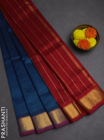 Silk cotton saree peacock blue and red with plain body and zari woven border