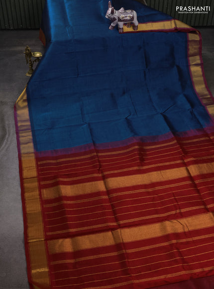 Silk cotton saree peacock blue and red with plain body and zari woven border