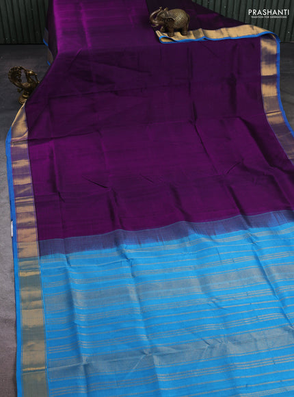 Silk cotton saree purple and cs blue with plain body and zari woven border
