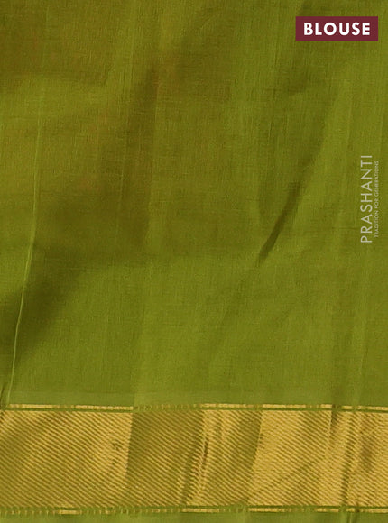Silk cotton saree tomato pink and light green with plain body and zari woven border