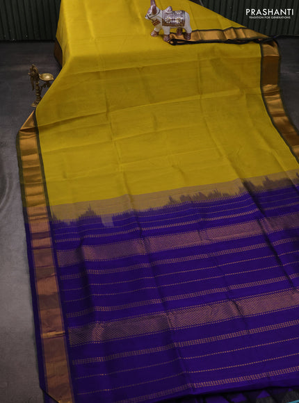 Silk cotton saree lime yellow and blue with plain body and zari woven border