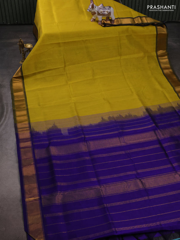 Silk cotton saree lime yellow and blue with plain body and zari woven border