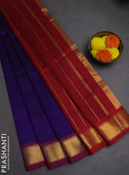 Silk cotton saree blue and red with plain body and zari woven border