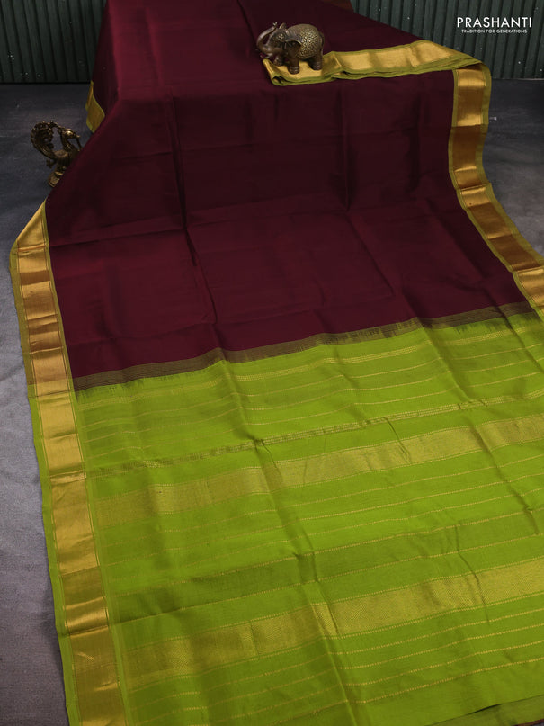 Silk cotton saree coffee brown and light green with plain body and zari woven border