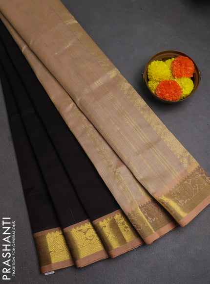 Silk cotton saree deep coffee brown and sandal with plain body and elephant & annam zari woven border