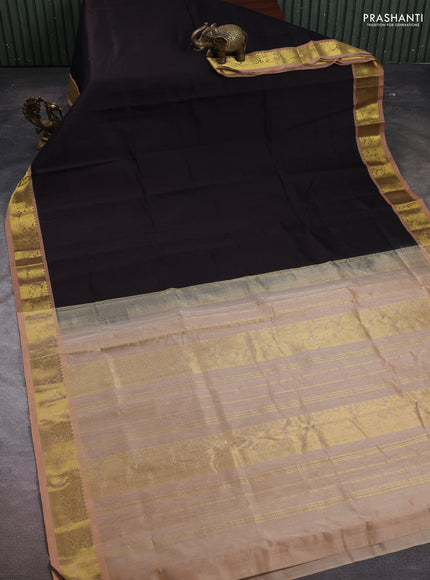 Silk cotton saree deep coffee brown and sandal with plain body and elephant & annam zari woven border