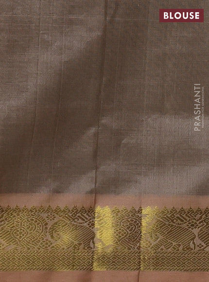 Silk cotton saree deep coffee brown and sandal with plain body and elephant & annam zari woven border