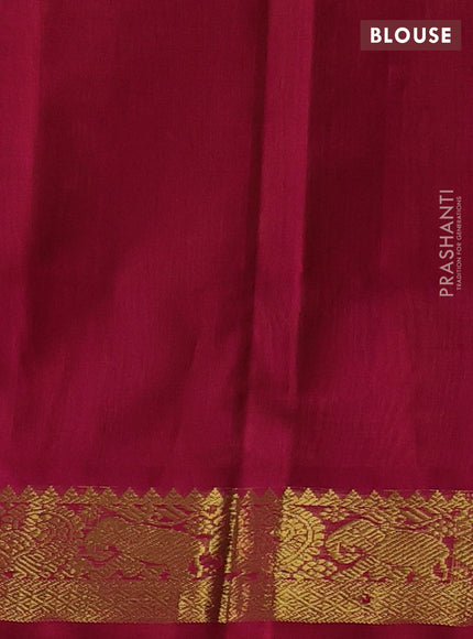 Silk cotton saree dark mustard and dark magenta pink with plain body and elephant & annam zari woven border