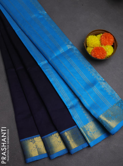 Silk cotton saree navy blue and cs blue with plain body and elephant & annam zari woven border