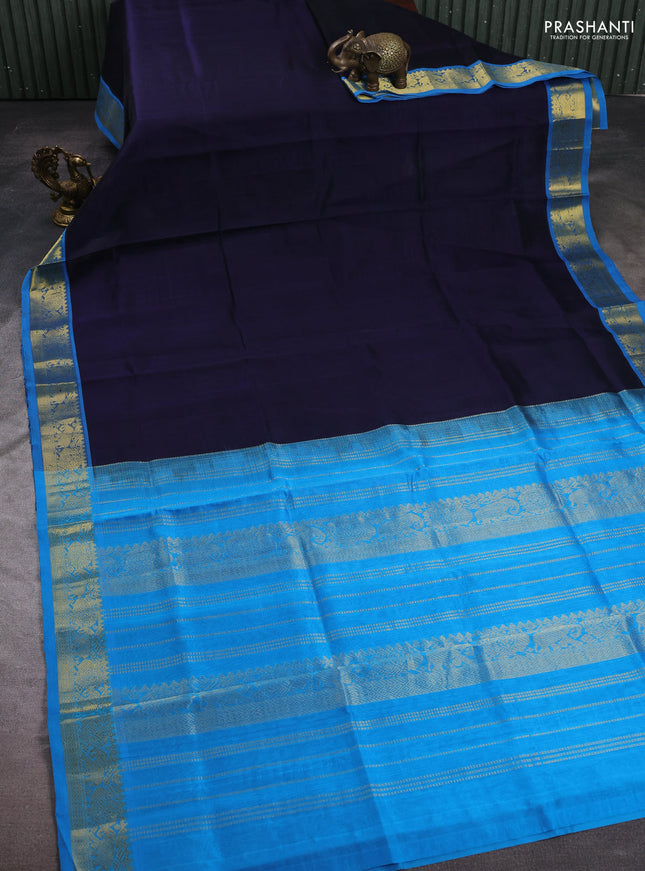 Silk cotton saree navy blue and cs blue with plain body and elephant & annam zari woven border