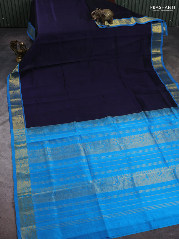 Silk cotton saree navy blue and cs blue with plain body and elephant & annam zari woven border