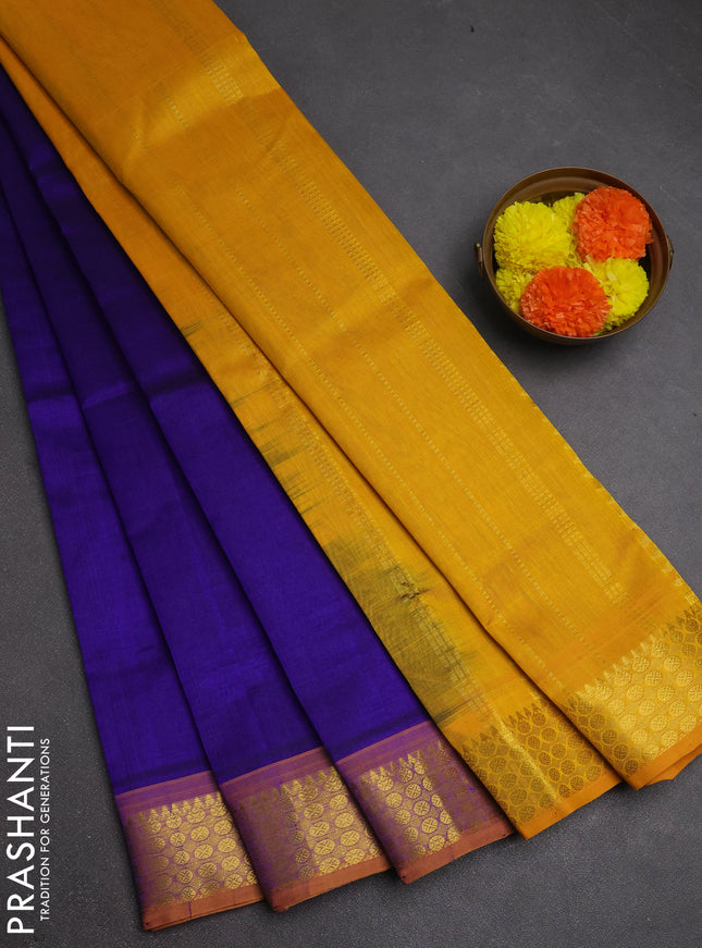 Silk cotton saree blue and mango yellow with plain body and zari woven border