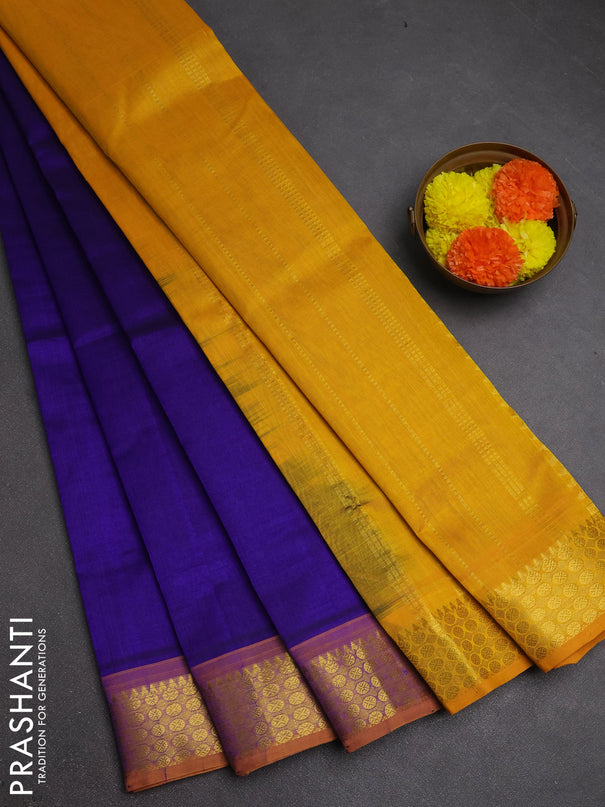 Silk cotton saree blue and mango yellow with plain body and zari woven border