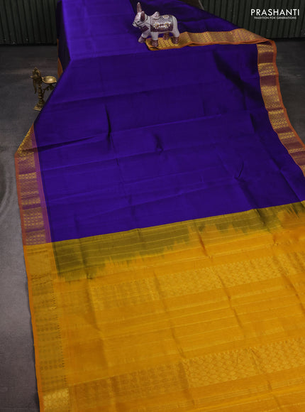 Silk cotton saree blue and mango yellow with plain body and zari woven border