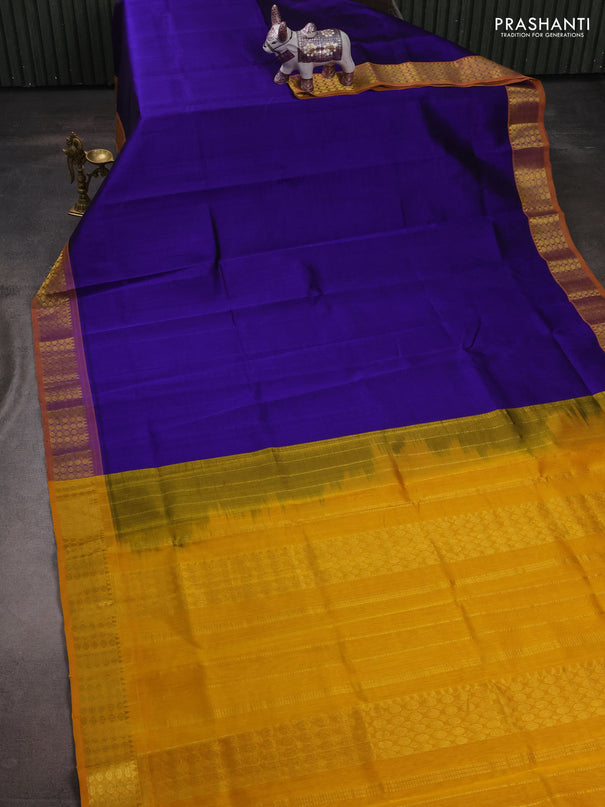 Silk cotton saree blue and mango yellow with plain body and zari woven border