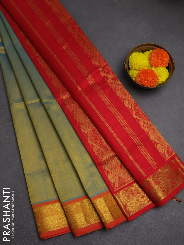 Silk cotton saree dual shade of bluish mustard and red with plain body and zari woven border