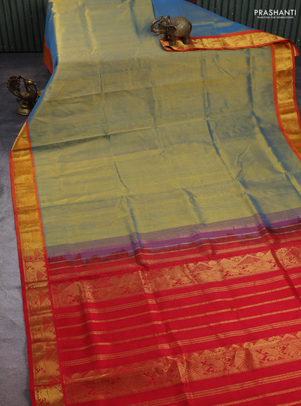 Silk cotton saree dual shade of bluish mustard and red with plain body and zari woven border