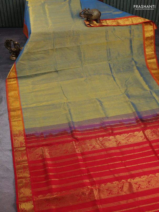 Silk cotton saree dual shade of bluish mustard and red with plain body and zari woven border
