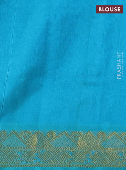 Silk cotton saree blue and teal blue with plain body and zari woven border