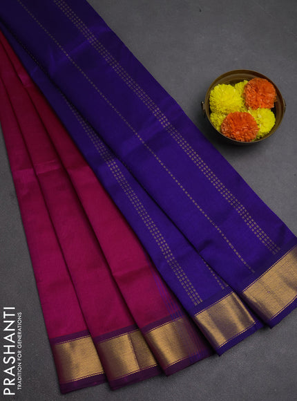 Silk cotton saree magenta pink and blue with plain body and zari woven border