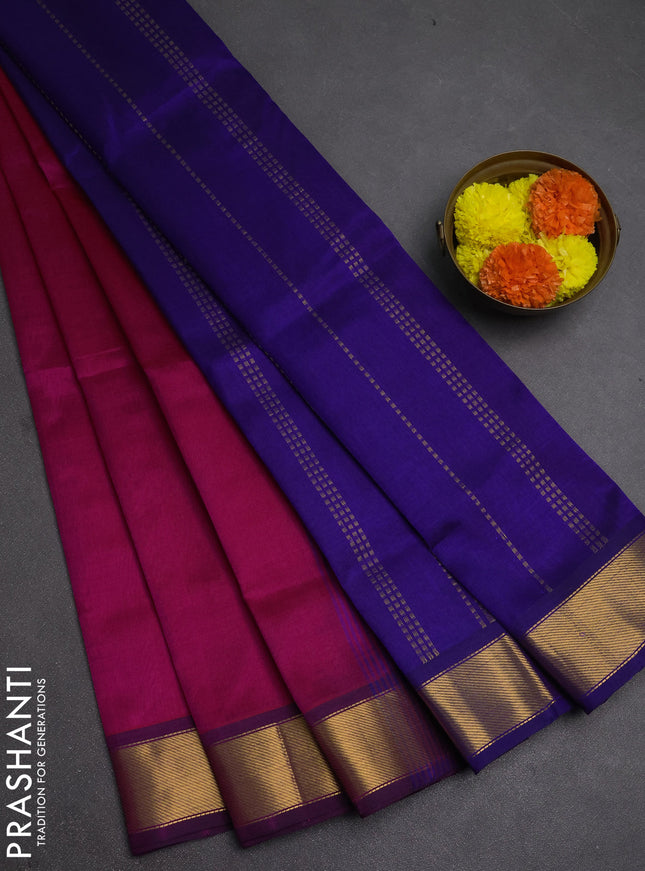 Silk cotton saree magenta pink and blue with plain body and zari woven border