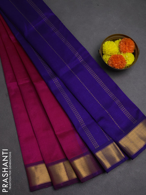 Silk cotton saree magenta pink and blue with plain body and zari woven border