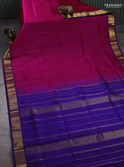 Silk cotton saree magenta pink and blue with plain body and zari woven border